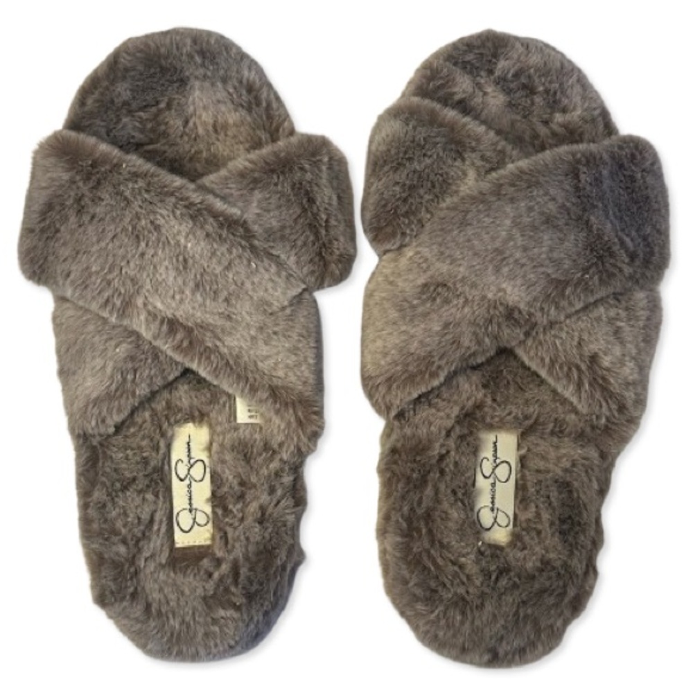 Jessica Simpson Faux Fur Crossband Slippers – Gray Purple Plush Cozy House Shoes